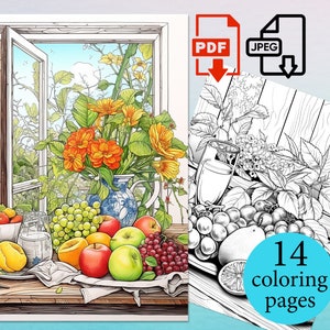 Still Life Window Coloring Pages Adult activity Kids Books sheets Instant Download Printable PDF JPEG