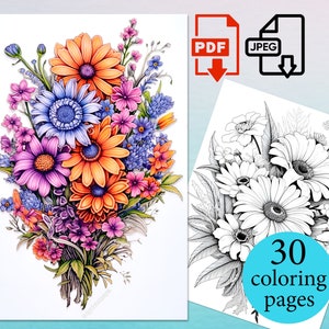 Flowers Bouquets Coloring Book Floral Pages Adults Kids Instant Download Printable PDF JPEG digital activity sheets