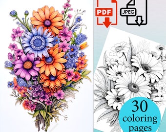 花束の塗り絵 花のページ 大人 子供 即時ダウンロード 印刷可能な PDF JPEG デジタルアクティビティシート