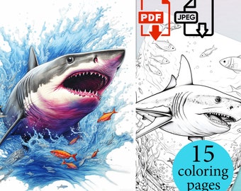 Shark in sea Coloring Book bottle Pages Adults Kids activity sheets Instant Download Printable PDF JPEG digital