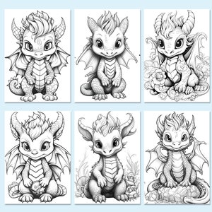 May include: Six black and white line drawings of cute baby dragons in various poses. Each dragon has a spiky crest, wings, and a tail. The dragons are drawn in a cartoon style and have large eyes.