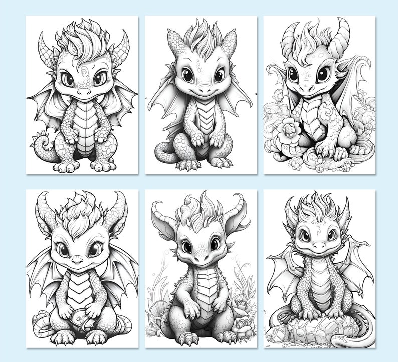 May include: Six black and white line drawings of cute baby dragons in various poses. Each dragon has a spiky crest, wings, and a tail. The dragons are drawn in a cartoon style and have large eyes.