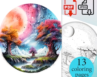 Galactic Landscape Coloring Book fantasy Spaces art Kids pages Adult activity relaxing digital sheets Printable gift HD PDF JPEG