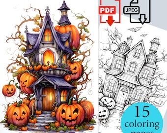 Halloween Kürbisse Malbuch Erwachsene Digitale Seite Kinder Fantasie Blätter Druckbare spirituelle magische Bilder Geschenk pdf jpg