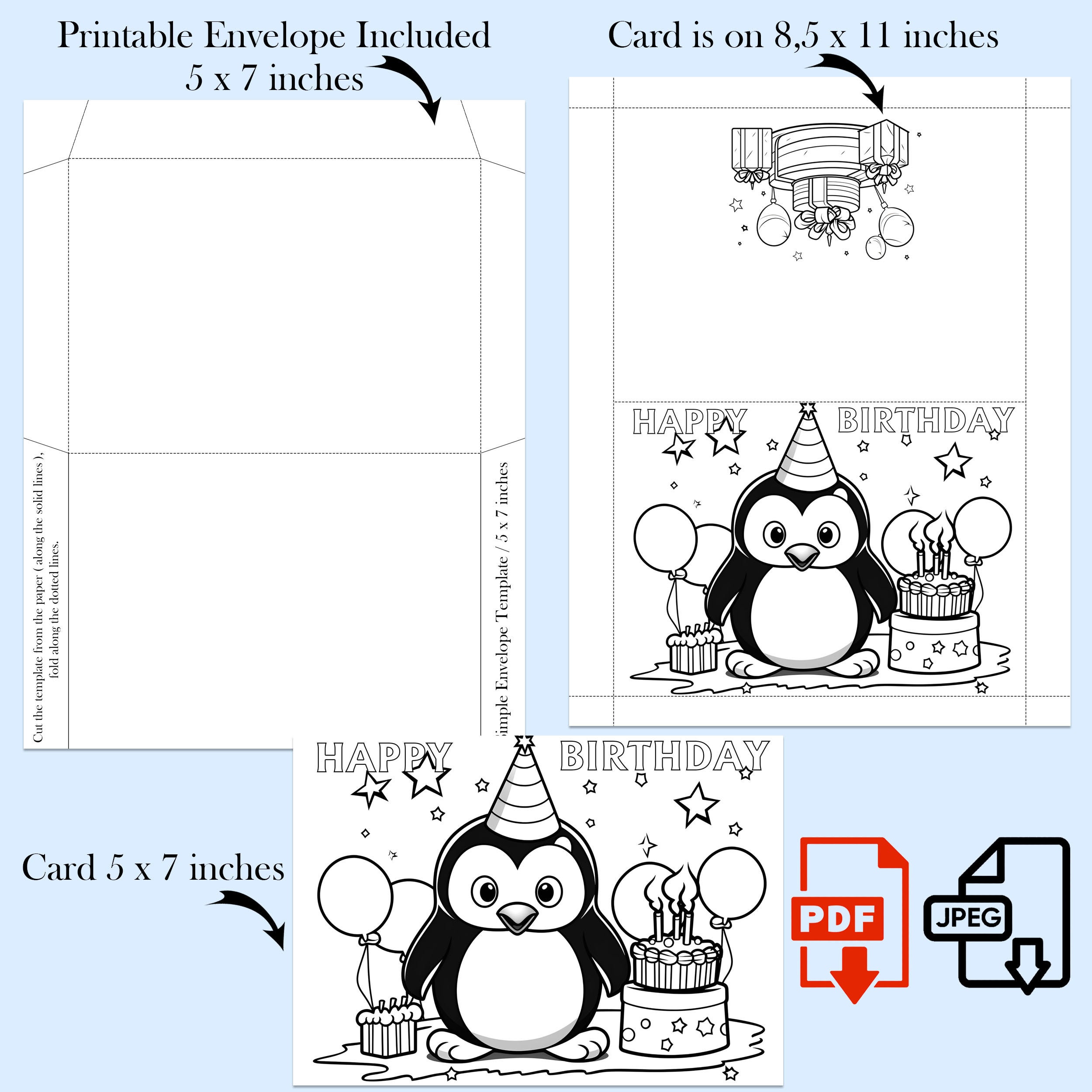 Penguin Happy Birthday Cards Coloring Page Kids Bday Printable Party ...