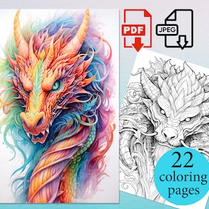 Fantasy Dragon Coloring Book magic Adults Kids Instant Download Printable PDF JPEG pages drawing digital sheets