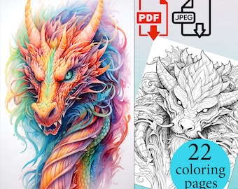 Fantasy Dragon Coloring Book magie volwassenen kinderen Instant Download afdrukbare PDF JPEG-pagina's digitale vellen tekenen