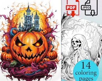 Halloween Coloring Pictures for Adults Pumpkins book kids Fantasy witch Digital Pages Printable spiritual magical Instant Download pdf