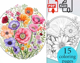 Flowers in Circle Coloring Book Floral in round Pages Adults Kids activity sheets Instant Download Printable PDF JPEG digital