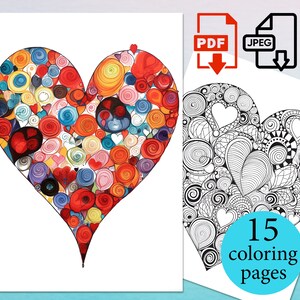 Adult Digital Coloring Pages Hearts Kids Book activity sheets valentines day Download gift Printable Stress relaxation PDF JPEG