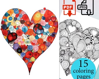 Adult Digital Coloring Pages Hearts Kids Book activity sheets valentines day Download gift Printable Stress relaxation PDF JPEG