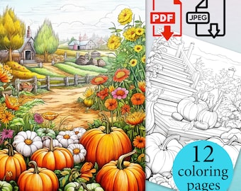 Kürbis Landschaft Malseiten Kinder Herbst Buch Erwachsene Aktivität digitale Blätter Sofortiger Download Druckbare Herbst Färbung PDF JPEG