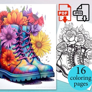 Florescendo Botas Livro para colorir Flores Páginas Adultos Crianças Folhas de atividades digitais florais Download instantâneo PDF imprimível JPEG