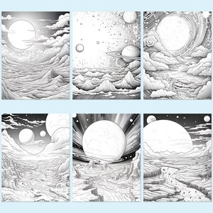 May include: Six black and white illustrations of celestial landscapes. Each image features a large planet or moon, clouds, and mountainous terrain. The style is detailed, with intricate line work creating a sense of depth and texture. The overall theme is space and fantasy.