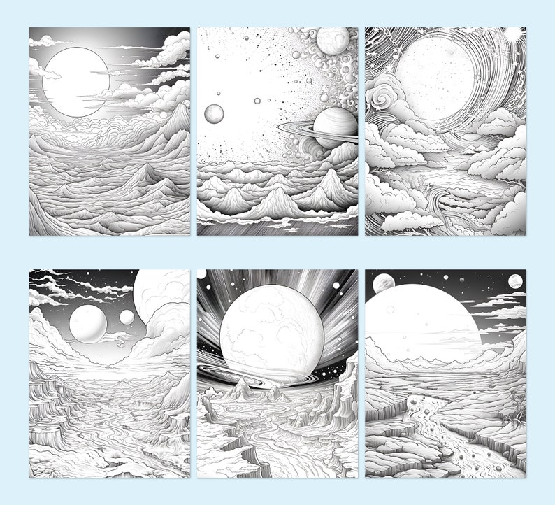 May include: Six black and white illustrations of celestial landscapes. Each image features a large planet or moon, clouds, and mountainous terrain. The style is detailed, with intricate line work creating a sense of depth and texture. The overall theme is space and fantasy.