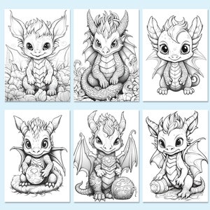 May include: Six black and white line drawings of cute baby dragons in various poses. Each dragon has large eyes, small wings, and a curled tail. The dragons are surrounded by simple floral and geometric designs.