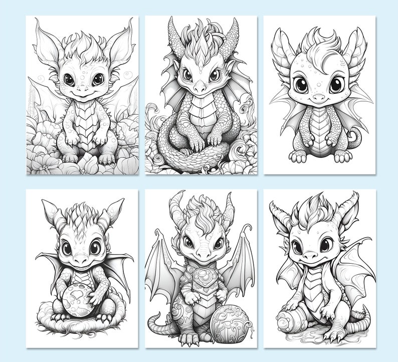 May include: Six black and white line drawings of cute baby dragons in various poses. Each dragon has large eyes, small wings, and a curled tail. The dragons are surrounded by simple floral and geometric designs.