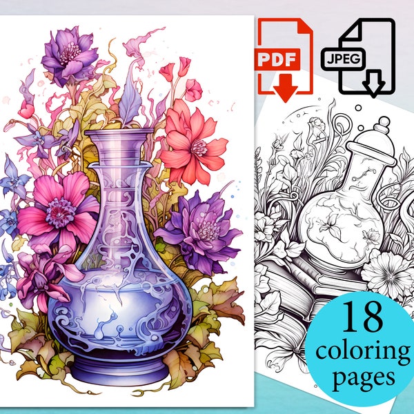 Flowers Fantasy Potion bottles Coloring Book Magic Floral Pages Adults Kids activity sheets Instant Download Printable PDF JPEG digital