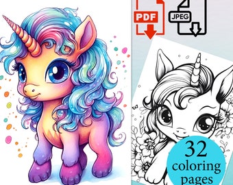 Fantasy Baby Flowers Unicorn Coloring Book Kids Instant Download afdrukbare PDF JPEG-pagina's tekening paard digitale vellen
