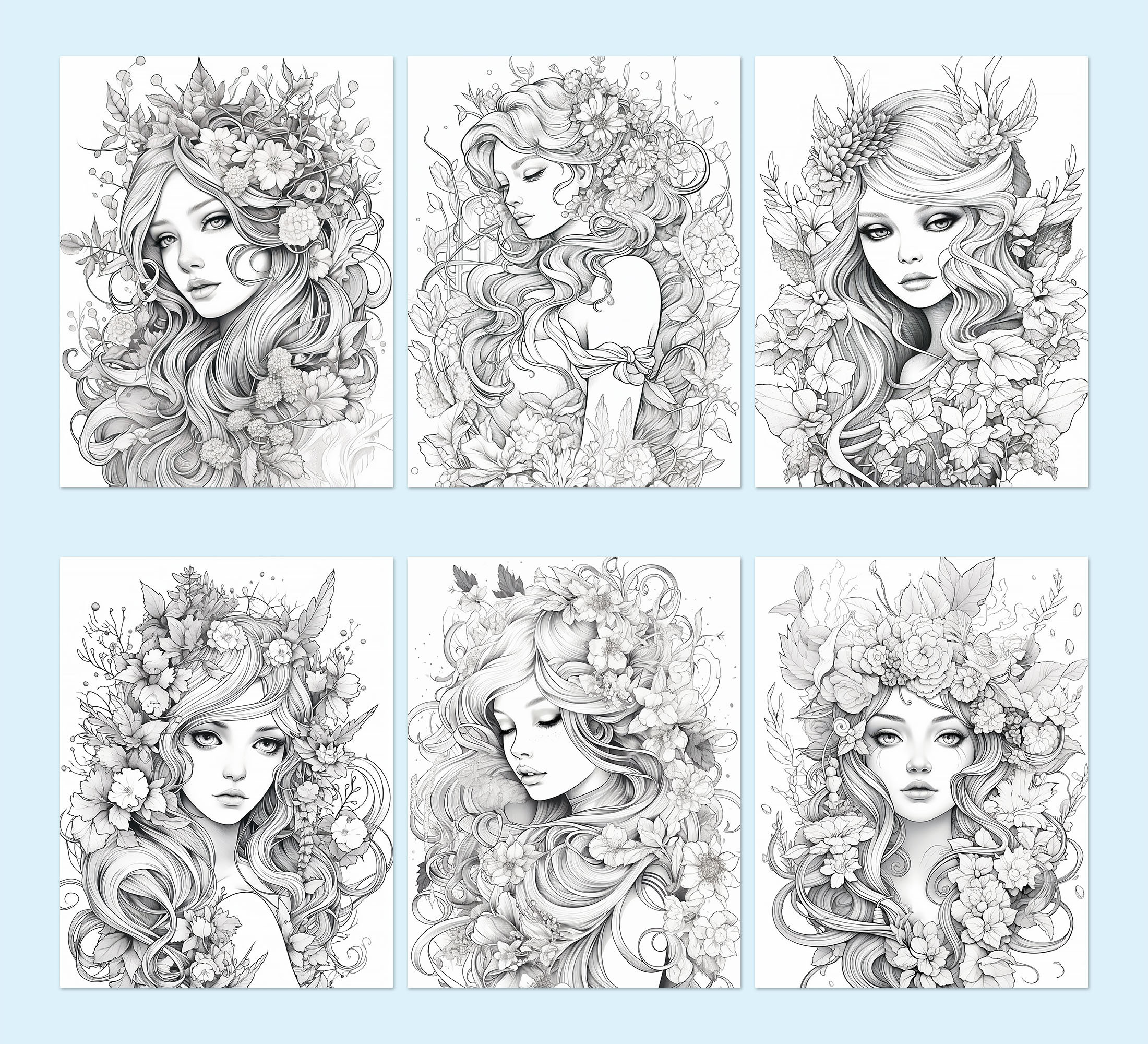 Flower Girl Coloring Book Beautiful Women Portrait Coloriage Pages