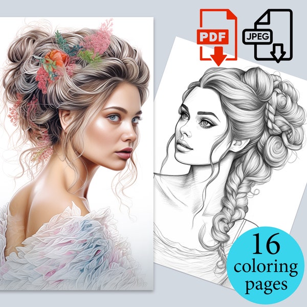 Beautiful Wedding hairstyles Women Coloring Pages for Adults Books Girl portrait Printable inspirations Kids colored sheets PDF digital