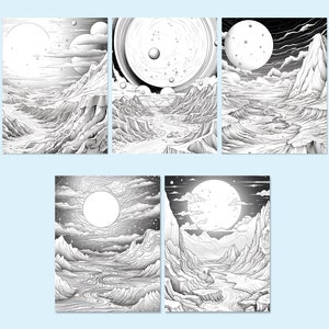 May include: Five black and white illustrations of celestial landscapes. Each image features a large planet or moon, mountainous terrain, and a river or valley. The style is reminiscent of detailed line art.