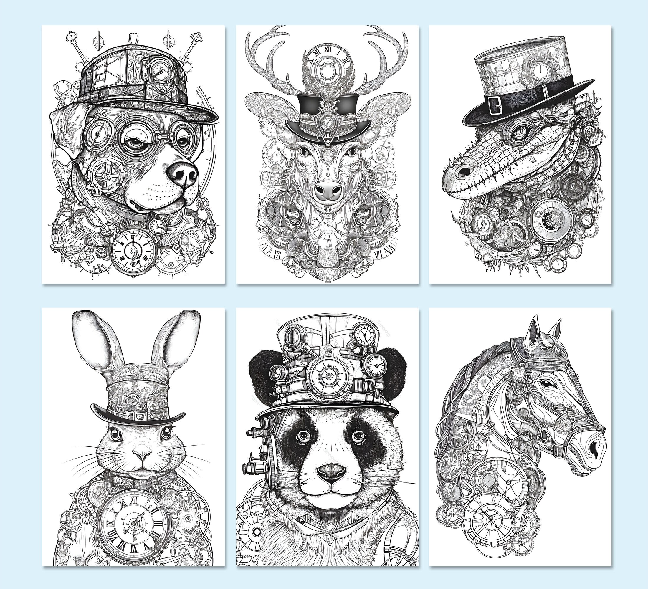 Mechanical Steampunk Animals Coloring Book Adults Kids Pages Instant ...