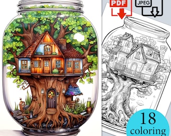 Treehouse in Jar Coloring Book Tree House in bottle Pages Adults Kids Fantasy activity sheets Download Printable PDF JPEG digital