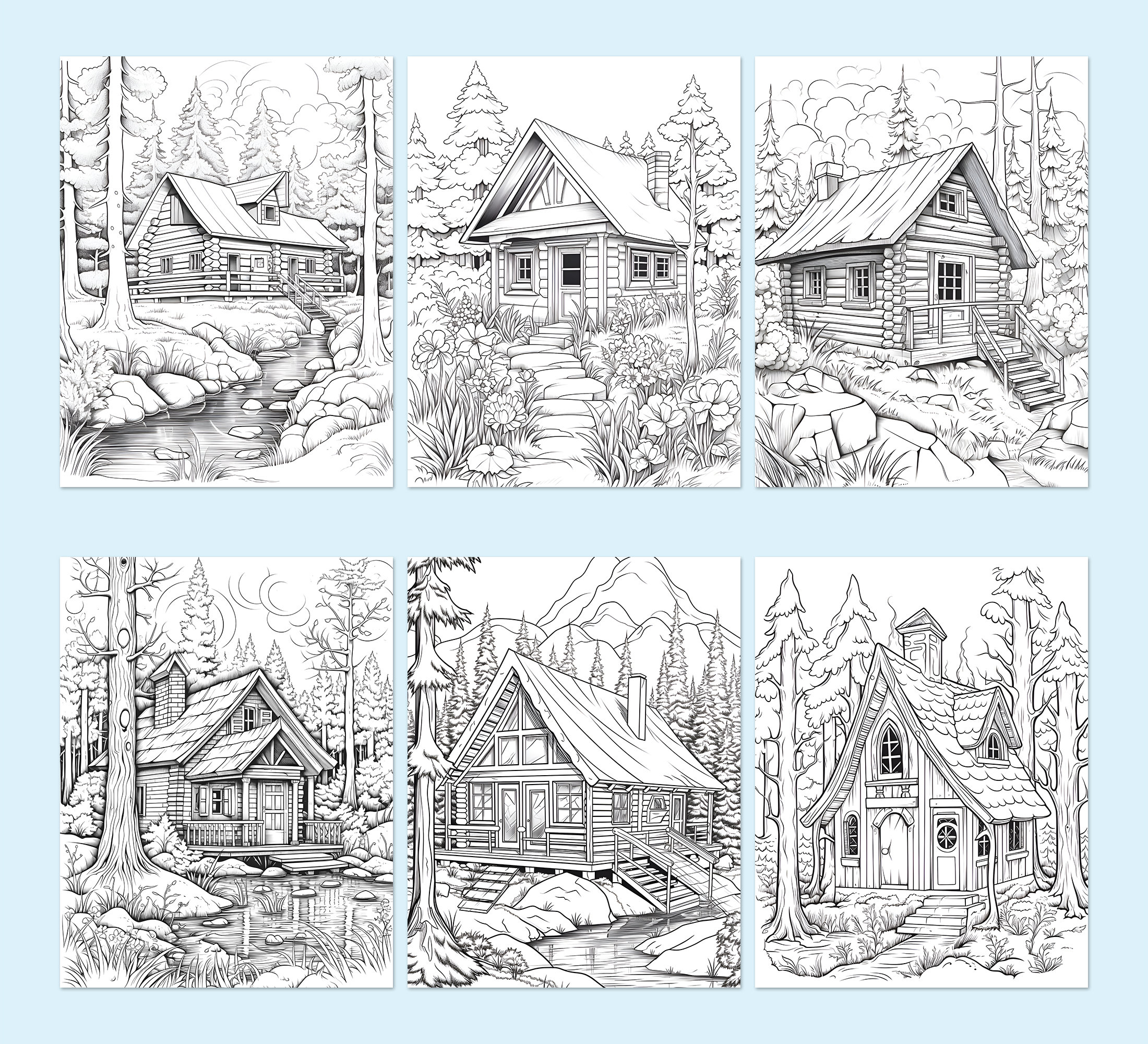 Wooden Cabin in Forest Coloring Pages Book Botanical Adult Activity ...