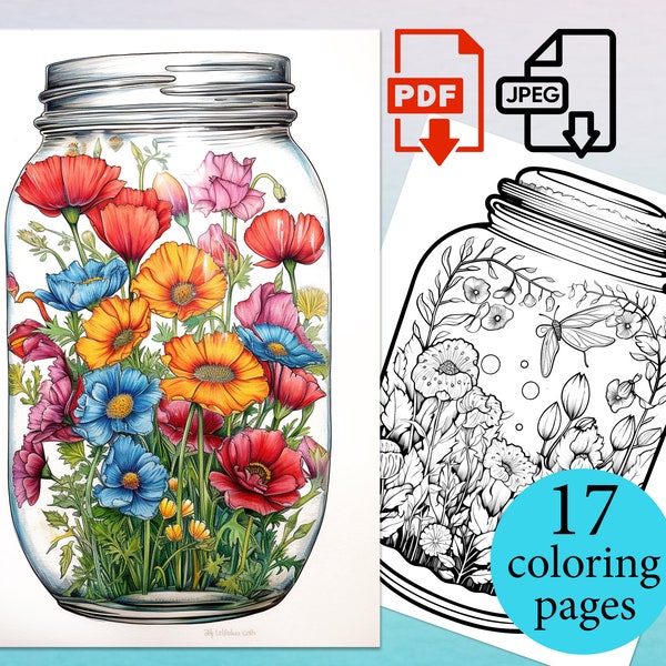 Flowers in Jar Coloring Book Nature in bottle Pages Adults Kids activity sheets Instant Download Printable PDF JPEG digital