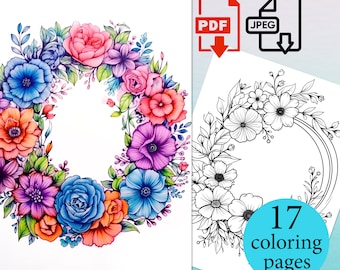 Flowers Wreath Coloring Book Floral coloriage Pages Kids adult digital activity sheets Instant Download Printable PDF JPEG