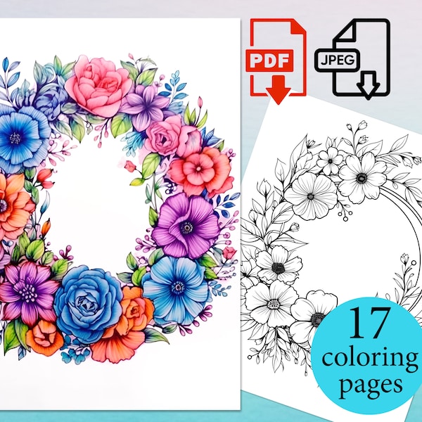 Flowers Wreath Coloring Book Floral coloriage Pages Kids adult digital activity sheets Instant Download Printable PDF JPEG