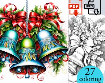Christmas Bells Coloring Book Winter Digital Pages New Year activity sheets Adults Kids Printable PDF JPEG