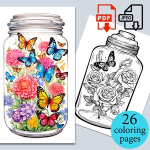 Op de afbeelding: Een kleurplaat met een glazen pot gevuld met kleurrijke bloemen en vlinders. De pot is transparant en de bloemen zijn in tinten roze, rood, geel en paars. De vlinders zijn in tinten blauw, oranje en geel.