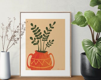 Green Foliage in Orange Vase Print