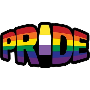 May include: The word "PRIDE" in a bold, colorful design. The letters are in rainbow colors, with a black outline. The letter "I" is in the non-binary flag colors: yellow, white, purple, and black.