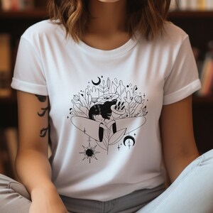 Floral Girl T-Shirt, Flowers, Line Art, Dreamy Shirt, Minimalist Theme, Daydream, Calm, Moons, Celestial, Mystic, Retro, Trendy, Women, Girl