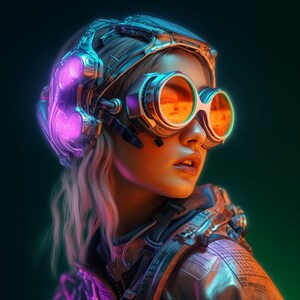 Op de afbeelding: Een vrouw draagt een futuristische helm met gloeiende paarse accenten en een bril met oranje en groene lenzen. Ze draagt een bruin leren jack met een zilveren band.