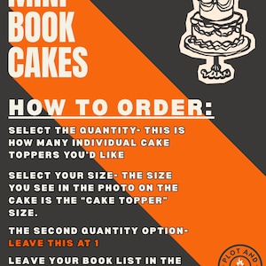 Peut inclure: Graphique avec le texte "MINI BOOK CAKES" et des instructions de commande. Une illustration d'un g&acirc;teau &agrave; plusieurs &eacute;tages se trouve dans le coin sup&eacute;rieur droit. Le fond est gris fonc&eacute; avec une bande diagonale orange. Le logo "Plot and Bothered" est en bas &agrave; droite.