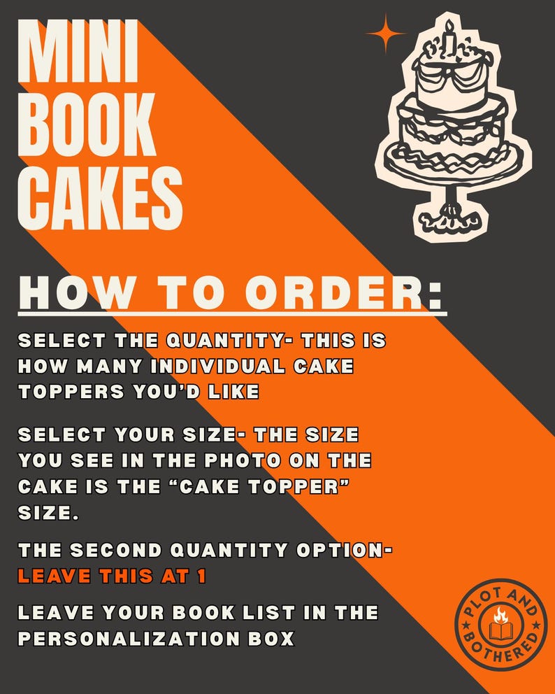 Peut inclure: Graphique avec le texte "MINI BOOK CAKES" et des instructions de commande. Une illustration d'un g&acirc;teau &agrave; plusieurs &eacute;tages se trouve dans le coin sup&eacute;rieur droit. Le fond est gris fonc&eacute; avec une bande diagonale orange. Le logo "Plot and Bothered" est en bas &agrave; droite.