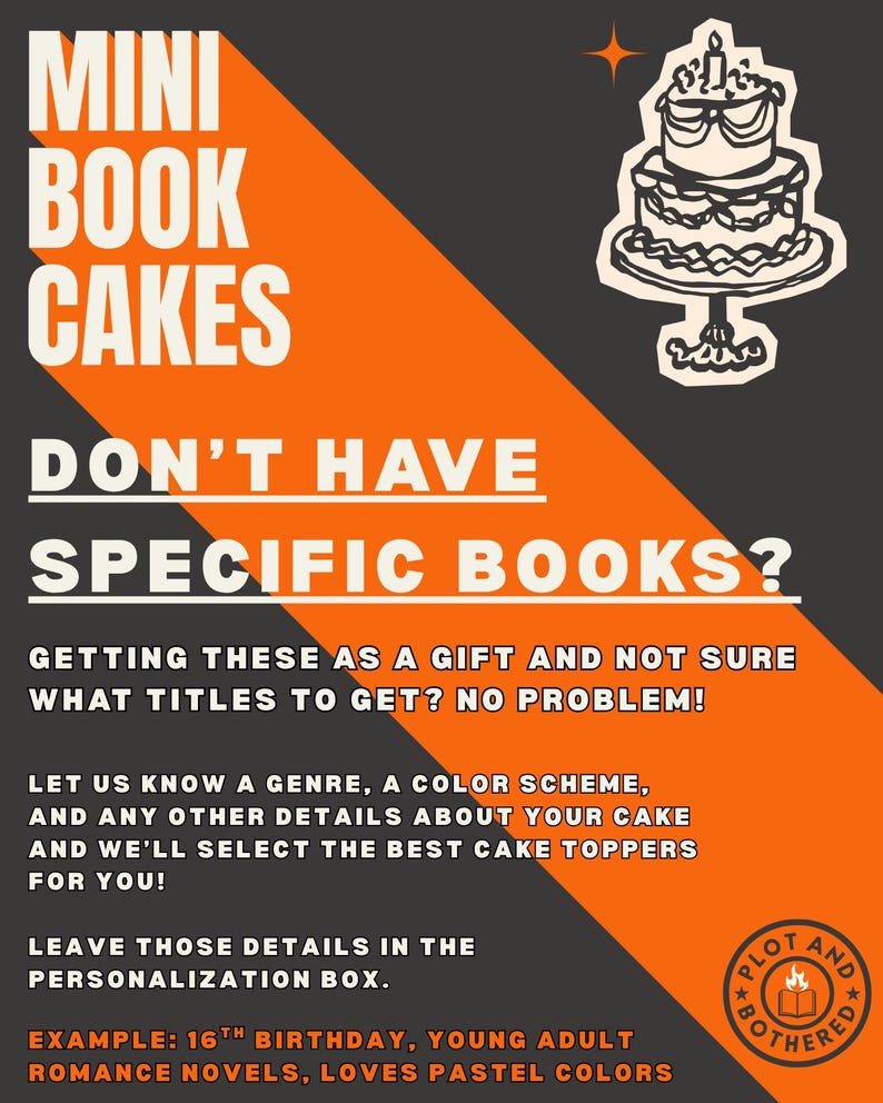 Peut inclure: Publicit&eacute; pour des d&eacute;corations de g&acirc;teaux personnalis&eacute;es. Le texte indique &laquo; Mini Book Cakes &raquo; et &laquo; Vous n'avez pas de livres sp&eacute;cifiques ? &raquo; avec des instructions pour fournir le genre, le code couleur et les d&eacute;tails dans la zone de personnalisation. Illustration de g&acirc;teau.