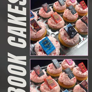 Peut inclure: Des cupcakes avec un gla&ccedil;age rose et des d&eacute;corations de petits livres. Les cupcakes ont des bases de g&eacute;noise jaunes, un gla&ccedil;age rose et de petites d&eacute;corations rectangulaires en forme de livre. Le texte "BOOK CAKES" est affich&eacute; verticalement &agrave; gauche.