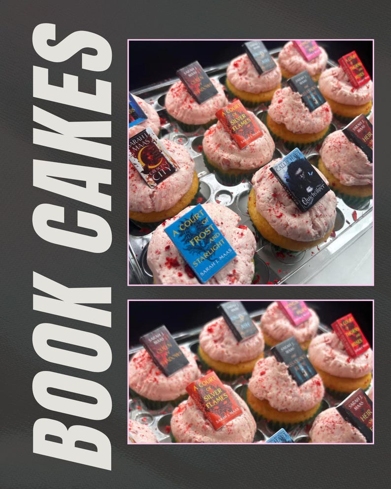 Peut inclure: Des cupcakes avec un gla&ccedil;age rose et des d&eacute;corations de petits livres. Les cupcakes ont des bases de g&eacute;noise jaunes, un gla&ccedil;age rose et de petites d&eacute;corations rectangulaires en forme de livre. Le texte "BOOK CAKES" est affich&eacute; verticalement &agrave; gauche.
