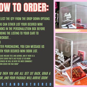 May include: Clear acrylic display box filled with miniature books. The box has the words "Kindle reads" in white script. The text "How to Order" is displayed on the left side of the image, with instructions on how to purchase.