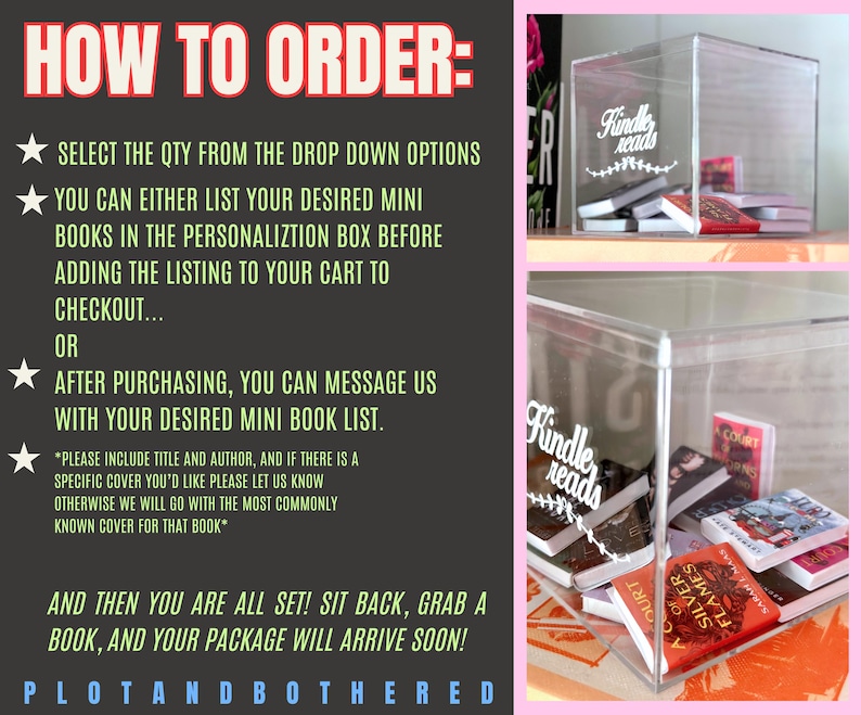May include: Clear acrylic display box filled with miniature books. The box has the words "Kindle reads" in white script. The text "How to Order" is displayed on the left side of the image, with instructions on how to purchase.