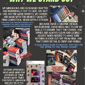 May include: Image showcasing miniature books with various covers and titles. The text "WHY WE STAND OUT" is prominently displayed. The image highlights the craftsmanship, including crisp edges and legible spines, with the Etsy shop URL at the bottom.