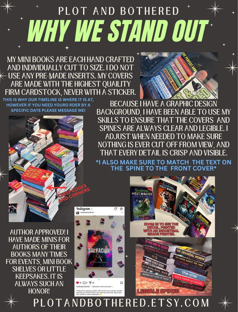 May include: Image showcasing miniature books with various covers and titles. The text "WHY WE STAND OUT" is prominently displayed. The image highlights the craftsmanship, including crisp edges and legible spines, with the Etsy shop URL at the bottom.