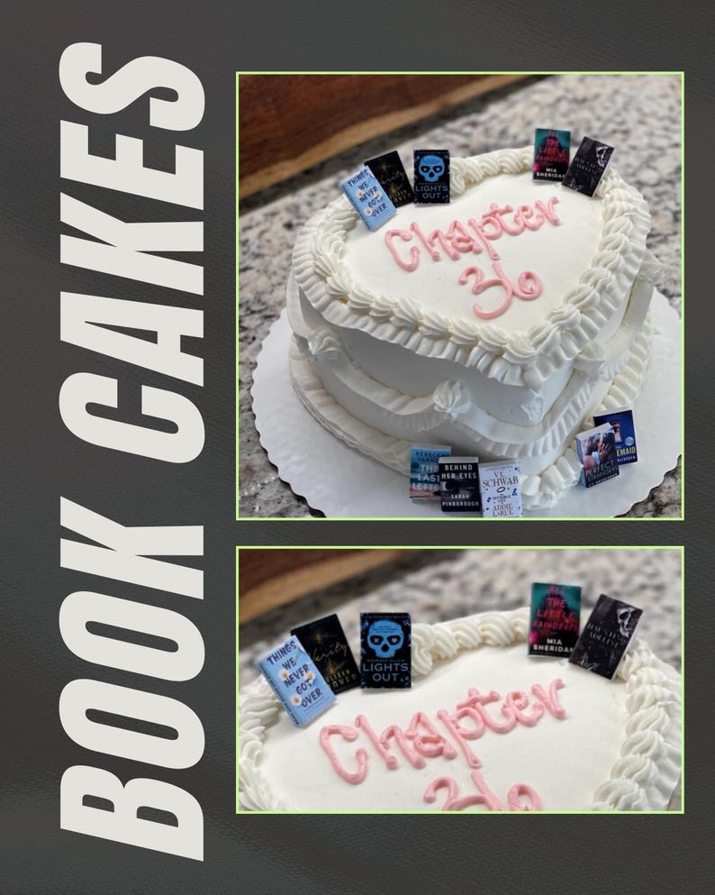 Peut inclure: Un g&acirc;teau blanc en forme de c&oelig;ur d&eacute;cor&eacute; avec un gla&ccedil;age rose qui dit "Chapitre 36". Le g&acirc;teau est orn&eacute; de r&eacute;pliques de livres miniatures. Les mots "BOOK CAKES" sont affich&eacute;s verticalement en grandes lettres blanches sur le c&ocirc;t&eacute; gauche de l'image.