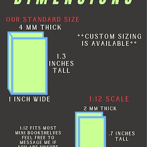 May include: A graphic with the text "PLOT AND BOTHERED DIMENSIONS" shows size details for a product. The standard size is 1 inch wide, 1.3 inches tall, and 4 mm thick. A 1:12 scale size is also shown, .5 inches wide, .7 inches tall, and 2 mm thick.