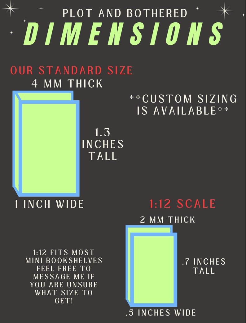 May include: A graphic with the text "PLOT AND BOTHERED DIMENSIONS" shows size details for a product. The standard size is 1 inch wide, 1.3 inches tall, and 4 mm thick. A 1:12 scale size is also shown, .5 inches wide, .7 inches tall, and 2 mm thick.